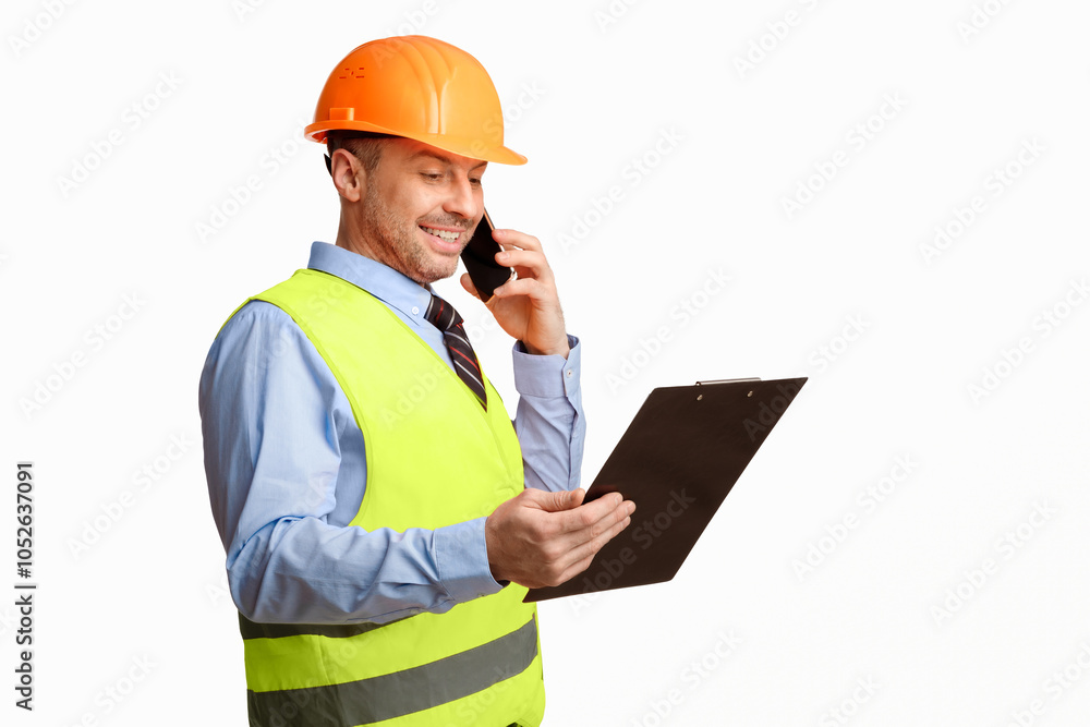 Poster construction foreman worker talking on phone holding folder standing over white studio background. b