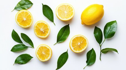 Fototapeta premium Lemons and leaves arrangement isolated on a white background