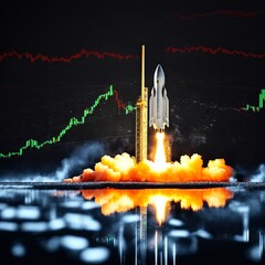 Rocket launch with stock market chart background