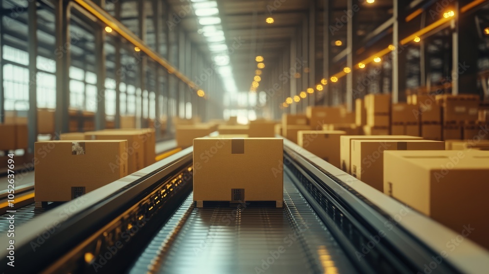 Poster Cardboard boxes positioned on a conveyor belt within a well lit open warehouse The setting reflects an efficient logistics system featuring organized storage and advanced distribution methods