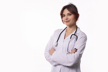 A confident female doctor wearing a white coat and holding a stethoscope is present