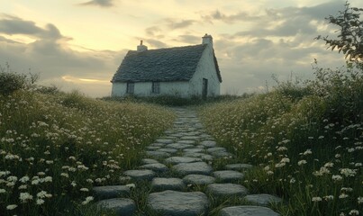 Stone Path Leads to a Quaint Cottage in a Field of Wildflowers at Sunset