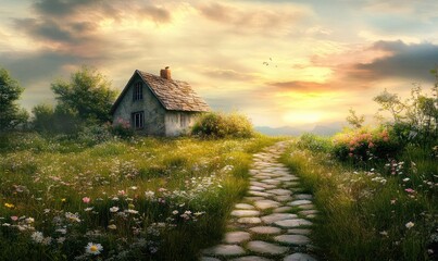 Stone Path Leading to a Cottage in a Meadow of Wildflowers at Sunset