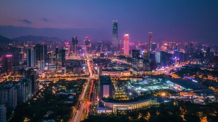 Obraz premium Vibrant Night Cityscape with Tall Buildings and Lights