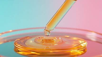 A dropper with skincare serum and a golden cosmetic liquid inside. The dropper is on a clear glass palette and the background is a pastel color.