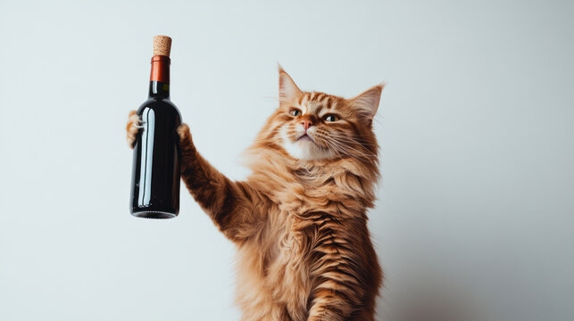 Alcoholic cat with bottle of alcohol raises paws and shouts