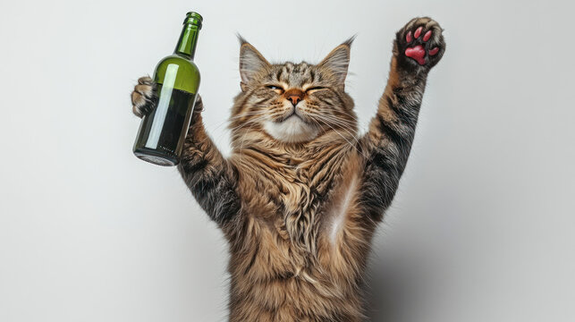 Alcoholic cat with bottle of beer raises paws and shouts, unhinged bender