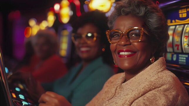 Two middle-aged African-American ladies enjoy a night out at a casino.