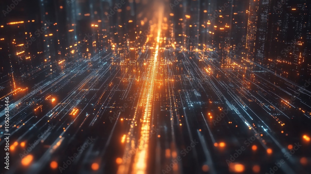 Poster digital cityscape with glowing lights and data streams
