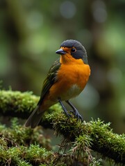An orange-breasted bird on a mossy branch amid green leaves, showcasing vibrant wildlife.