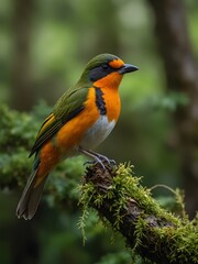 Fototapeta premium An orange-breasted bird on a mossy branch amid green leaves, showcasing vibrant wildlife.