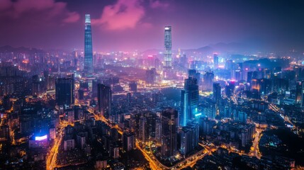 Fototapeta premium Vibrant Cityscape at Night with Skyscrapers and Lights