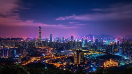 Fototapeta premium Vibrant Night Cityscape with Skyline and Lights