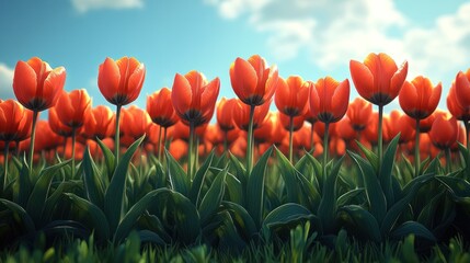 Fototapeta premium A Field of Orange Tulips Under a Blue Sky