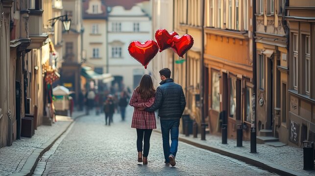A young couple strolls through the charming streets of Prague, their love symbolized by the heart-shaped balloons they hold.