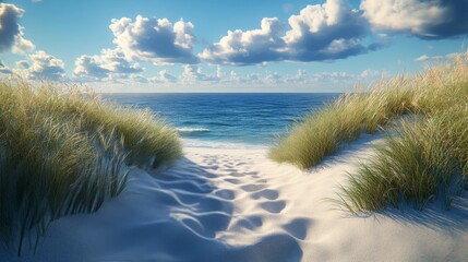 Bright sun shining over a tranquil beach with calm waves and distant hills during afternoon