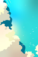 Fototapeta premium Serene Ocean with Clouds and Flying Birds Minimalist Nature Vector Illustration