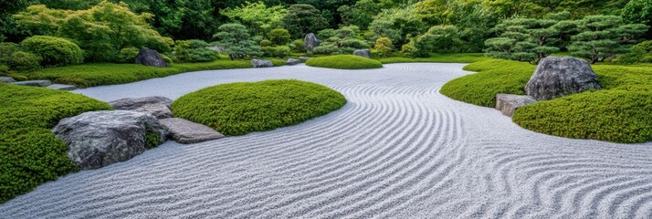 湾曲した砂利道と豊かな緑が調和した禅庭園の静寂の風景。マインドフルネスとリラクゼーションのデザイン