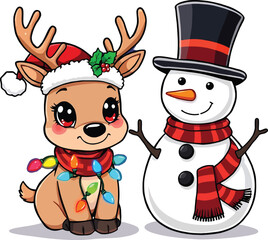 Christmas Design With Funny Reindeer And Snowman Flat Character Vector Illustration
