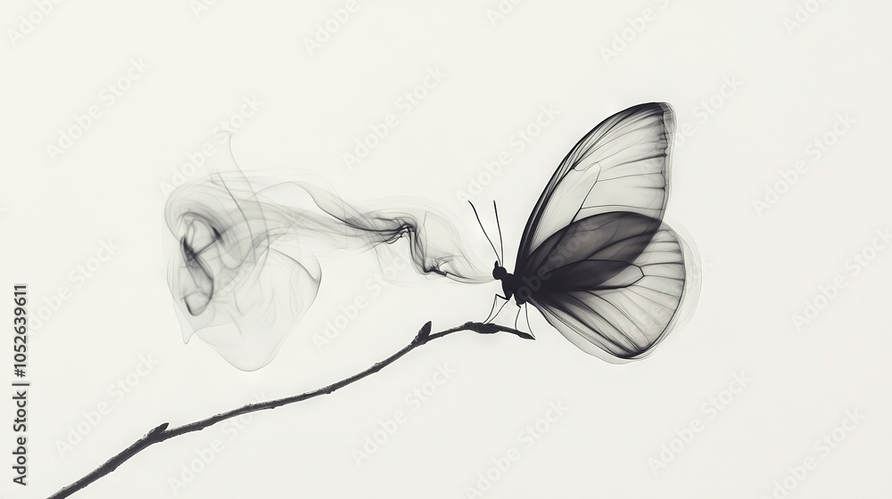 Poster   A monochromatic image of a butterfly perched on a twig with wisps of smoke emanating from its wings