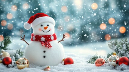 Fototapeta premium Joyful snowman in a winter scenery adorned with festive decorations radiating holiday cheer and well wishes for the Christmas and New Year celebrations