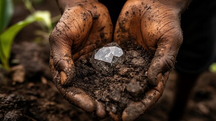 Close-up of dirty hands holding a large, clear quartz crystal.