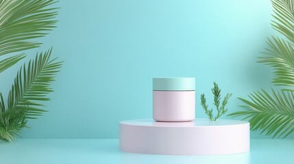 Minimalist display of skincare jar surrounded by green foliage on light blue background