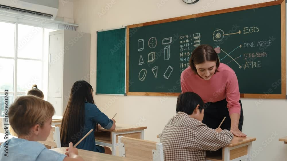Poster smart teacher checking cute student homework while explaining idea at class. attractive instructor w