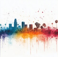 Fototapeta premium Vibrant sunset over Los Angeles skyline with palm trees and colorful sky effects