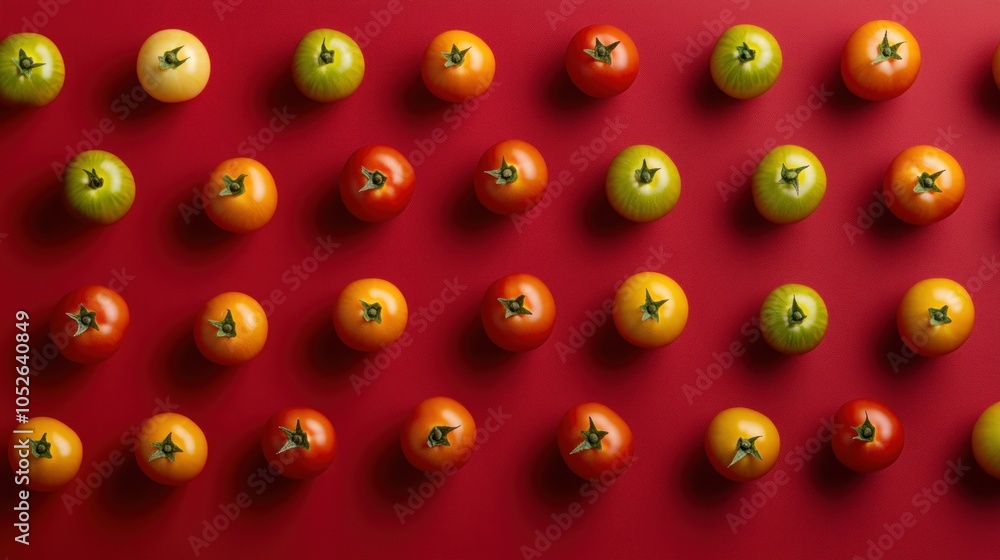 Poster colorful ripe and unripe tomatoes arranged in a grid pattern on a red background.