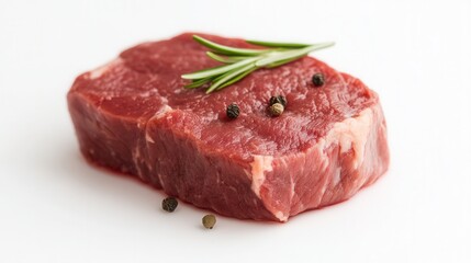 Fototapeta premium Close-up of fresh beef meat with rosemary and peppercorns on a white background for culinary inspiration