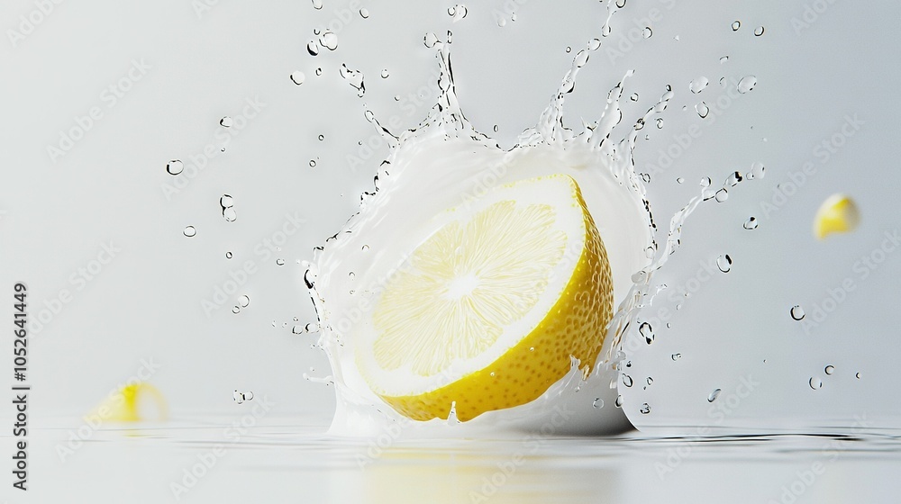 Poster   A lemon splashes into the water, creating ripples on the surface with droplets forming on the top and bottom