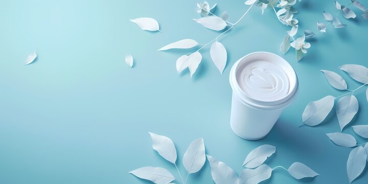 coffee cup with cream and white leaves on mint background