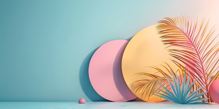abstract design with colorful geometric shapes and tropical leaves