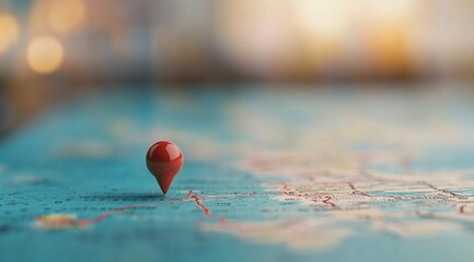 A red map pin marking a specific location on a colorful world map during golden hour