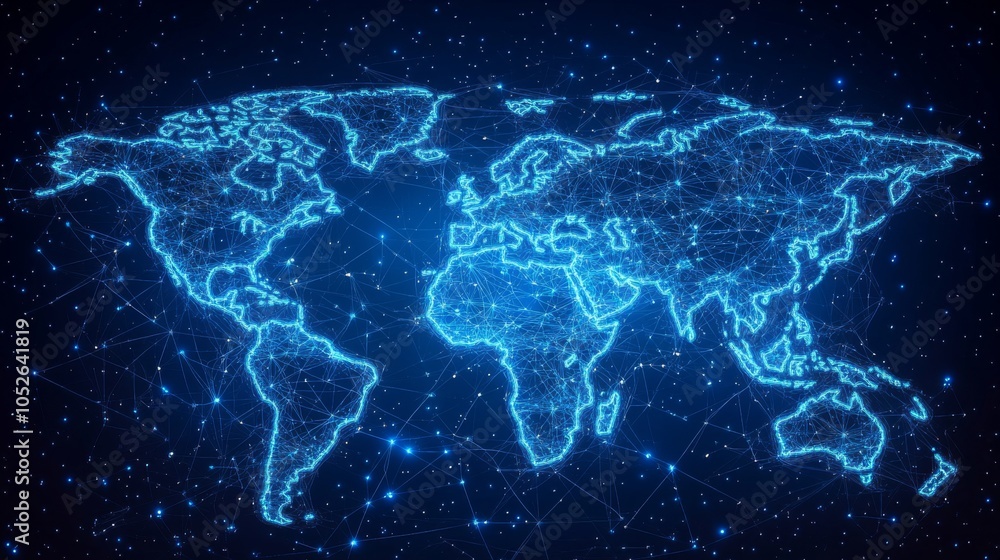 Aufkleber digital world map in neon style with network connections