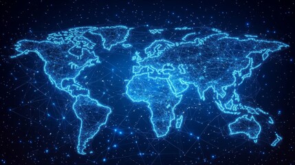 Naklejka premium Digital World Map in Neon Style with Network Connections