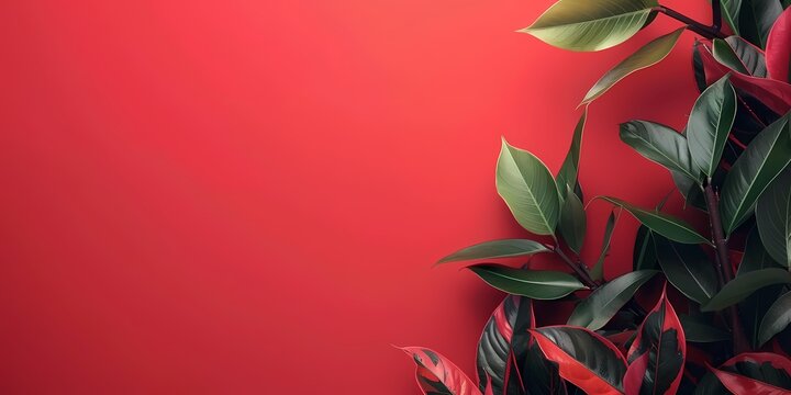 vibrant green and red leaves against a solid red wall background