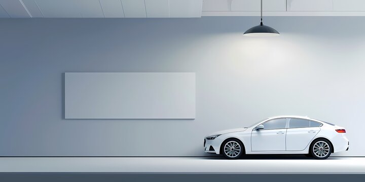 modern white car in a stylish showroom with blank wall space for display