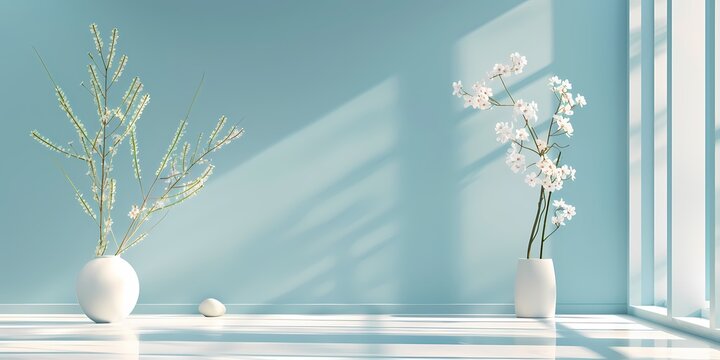 minimalist room interior with blue wall and floral vase decor