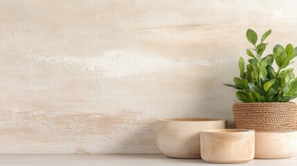 Elegant and minimalist bathroom organization with white containers and greenery on marble background