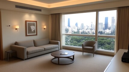 Fototapeta premium A stylish living room features elegant decor, city views, and warm lighting, creating a cozy atmosphere in a Tel Aviv apartment