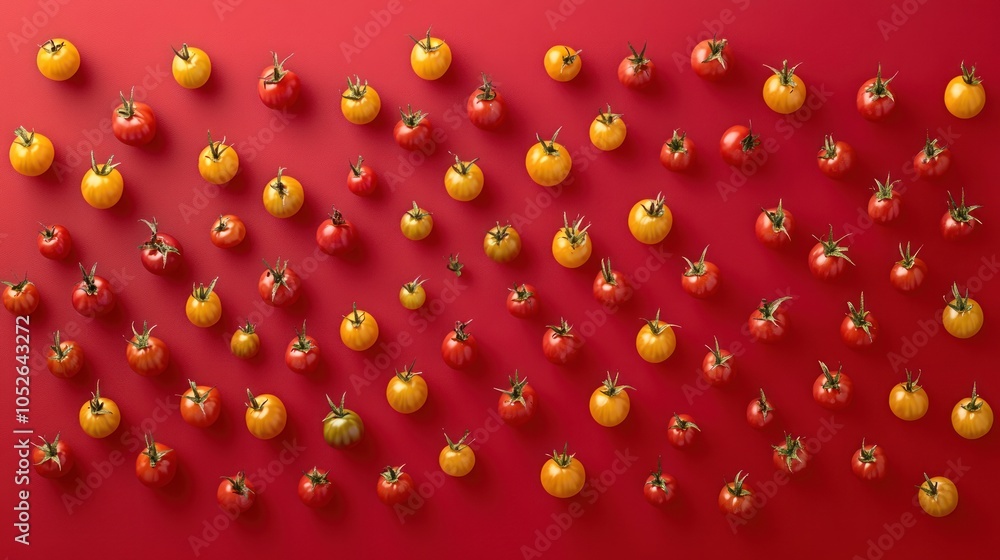 Poster a flat lay of red and yellow cherry tomatoes arranged in a pattern on a red background.