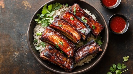 Delicious Barbecued Ribs on Rice with Sauce and Herbs