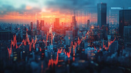 A cityscape with digital overlays of stock market indices and economic data, representing global finance
