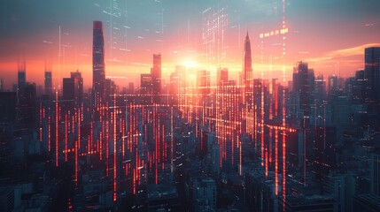 A cityscape with digital overlays of stock market indices and economic data, representing global finance