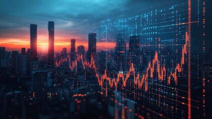 A cityscape with digital overlays of stock market indices and economic data, representing global finance