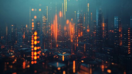 A cityscape with digital overlays of stock market indices and economic data, representing global finance