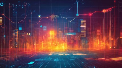 A cityscape with digital overlays of stock market indices and economic data, representing global finance
