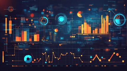A cityscape with digital overlays of stock market indices and economic data, representing global finance